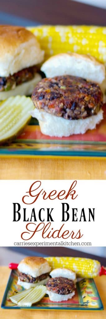  Greek Black Bean Sliders made with black beans, oregano, sun dried tomatoes, mushrooms, oats and Feta cheese are a heart healthy, tasty meatless lunch or dinner idea.  #blackbeans #beans #greek #meatless