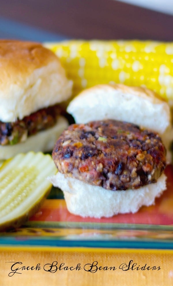 Greek Black Bean Sliders on a bun