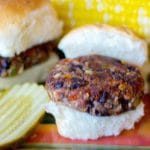 Greek Black Bean Sliders made with black beans, oregano, sun dried tomatoes, mushrooms, oats and Feta cheese are a heart healthy, tasty meatless lunch or dinner idea.