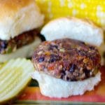 A close up of greek black bean sliders