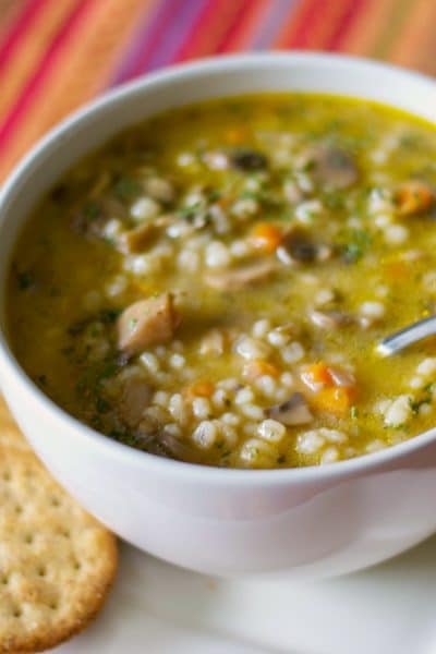 This vegetarian Mushroom Barley Soup made with white mushrooms, vegetables, and vegetable broth is so hearty, you can eat it as a meal.