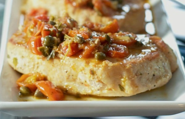 Pan Seared Pork in a White Wine, Tomato & Caper Sauce