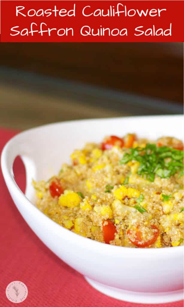 Quinoa salad made with roasted cauliflower, garlic, and saffron in a light balsamic vinaigrette is deliciously light and flavorful. 