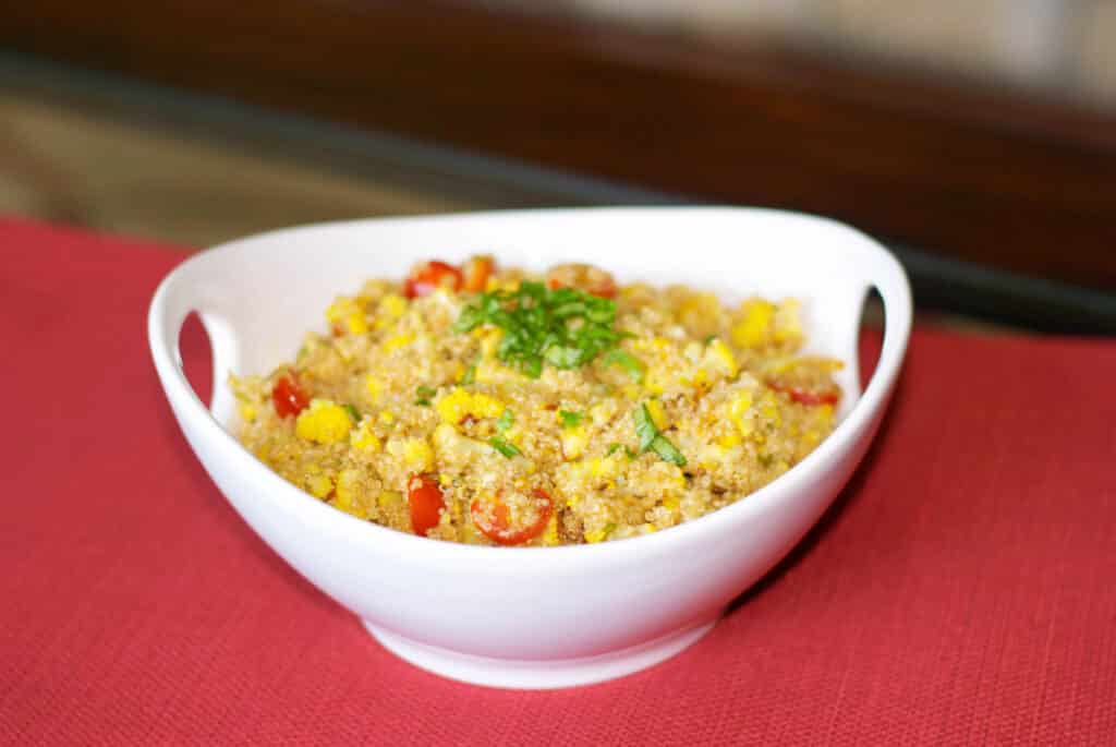 Roasted Cauliflower Saffron Quinoa Salad in a bowl,