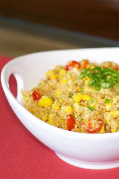 Quinoa salad made with roasted cauliflower, garlic, and saffron in a light balsamic vinaigrette is deliciously light and flavorful. 