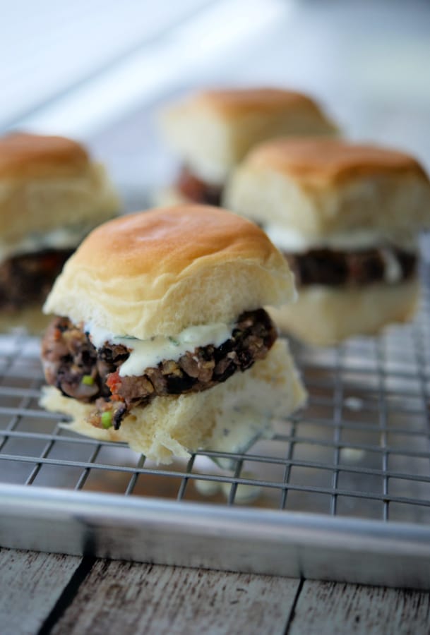 greek black bean sliders on a tray