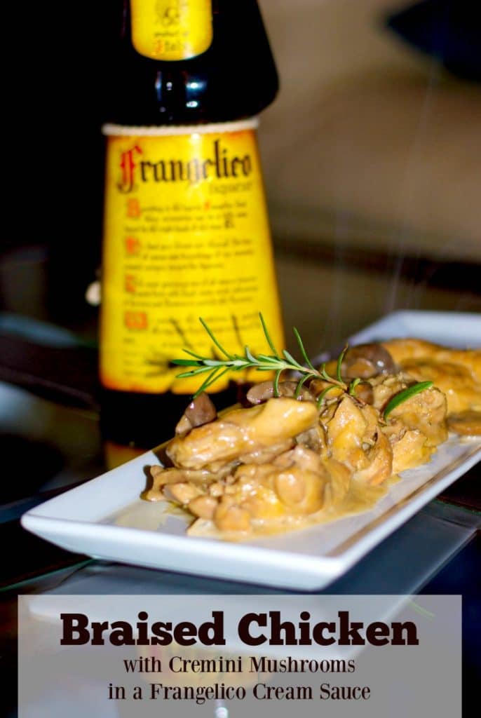 Braised chicken thighs with Cremini mushrooms and fresh rosemary in a Frangelico, red wine cream sauce. 