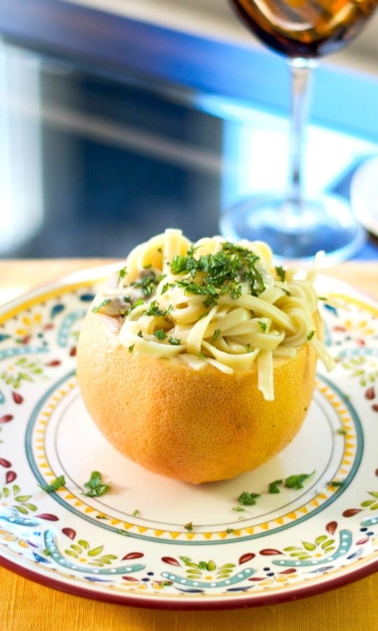 Fettuccine pasta tossed with mushrooms in a light pink grapefruit and fresh mint sauce is deliciously light and flavorful. 