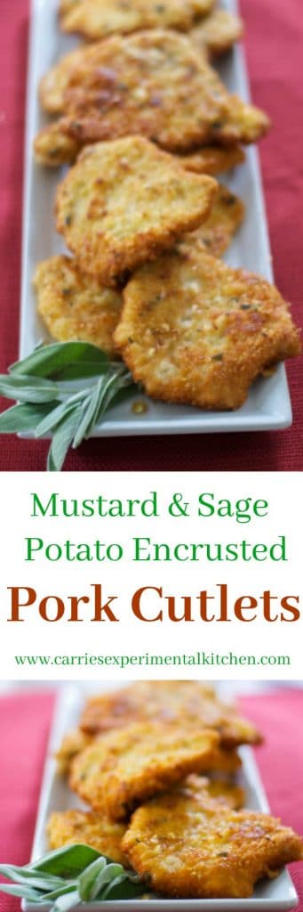 A close up of mustard & sage potato encrusted pork cutlets on a plate