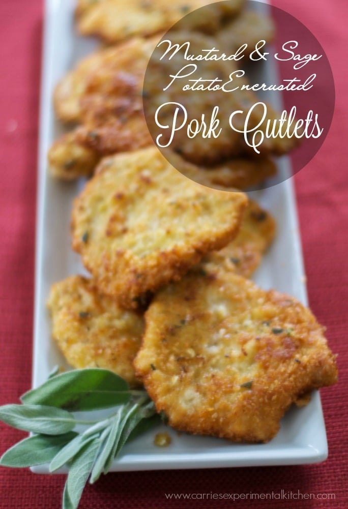 mustard & sage potato encrusted pork cutlets on a plate