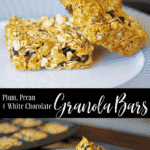 Homemade granola bars made with oats, dried plums, pecans, honey and white chocolate chips make a tasty snack. 