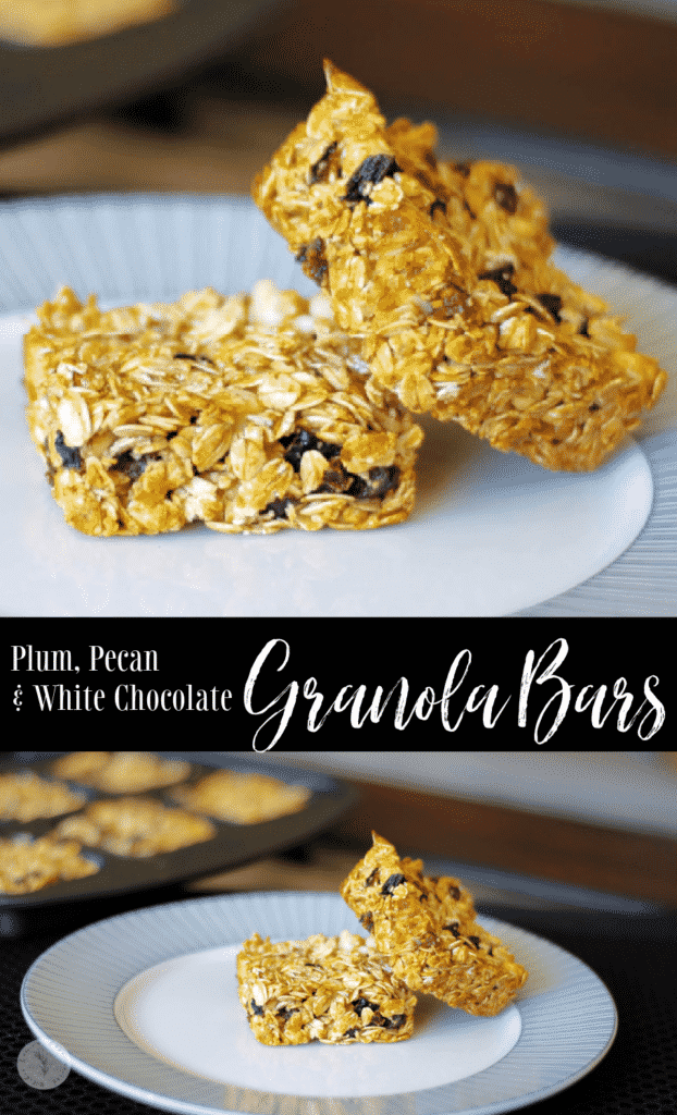 Homemade granola bars made with oats, dried plums, pecans, honey and white chocolate chips make a tasty snack. 