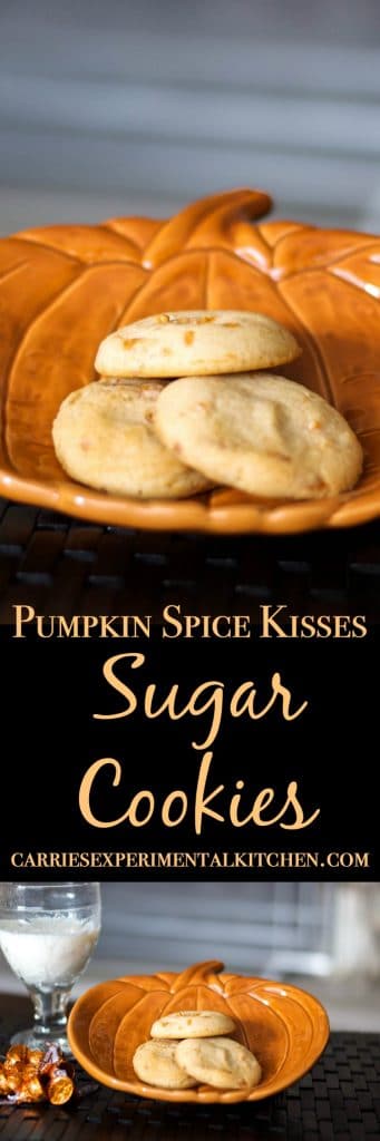 Pumpkin Spice Hershey's Kisses combined with my favorite soft and moist sugar cookie recipe. A tasty Fall treat the kids will love. 