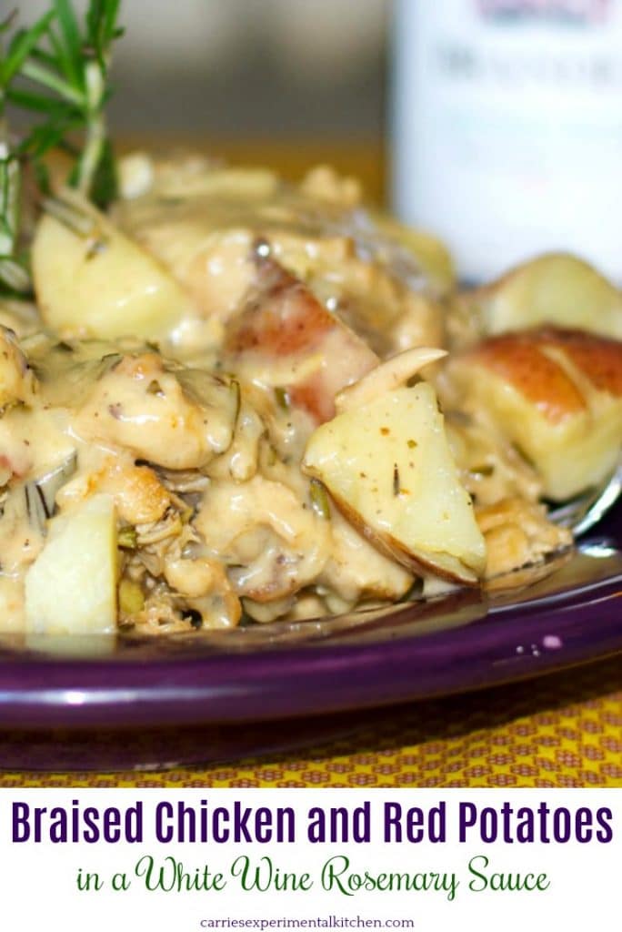 Braised Chicken and Red Potatoes in a White Wine Rosemary Sauce made with chicken thighs, dry white wine, fresh rosemary, red potatoes and garlic is a deliciously flavorful, easy all in one weeknight meal.
