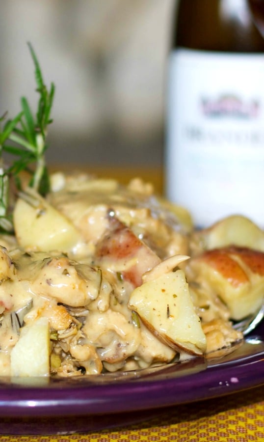 A close up of Chicken in a white wine rosemary sauce with red potatoes. 