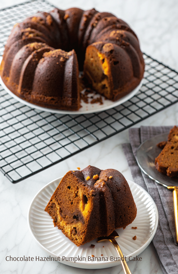 pumpkin banana bundt cake on a wire rack