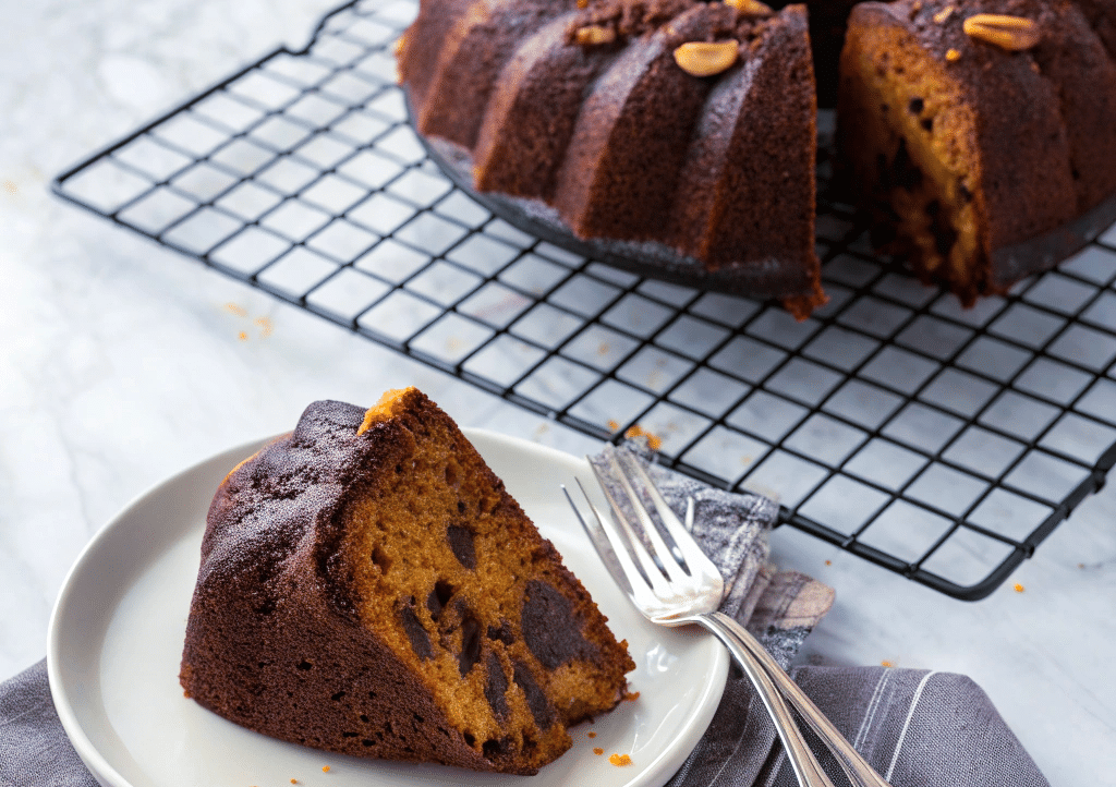 a close of up a slice of chocolate pumpkin banana bread on a plate