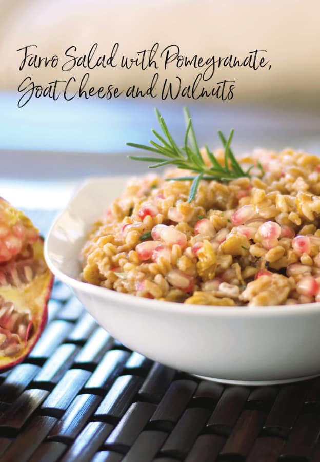 A close up of Farro Salad with Pomegranate, Goat cheese and Walnuts