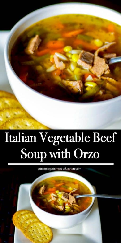 A close up of a bowl of Italian vegetable beef soup 