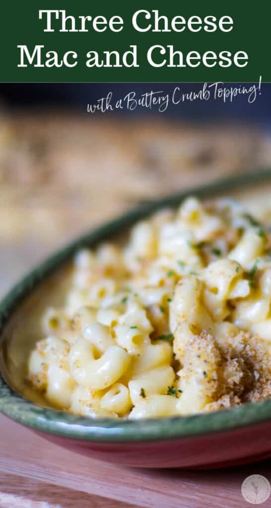 This Three Cheese Mac & Cheese is so creamy. It's made with Velveeta, Asiago and Pecorino Romano cheeses; then baked until hot and bubbly.