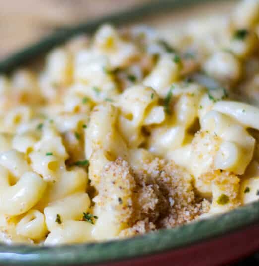 This Three Cheese Mac & Cheese is so creamy. It's made with Velveeta, Asiago and Pecorino Romano cheeses; then baked until hot and bubbly.
