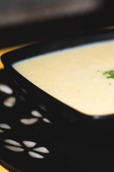 A close up of cream of turkey soup.