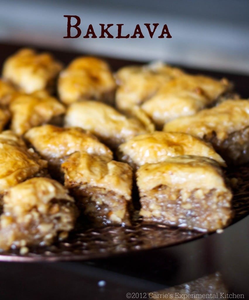  Baklava is a sweet pastry layered with phyllo dough, chopped nuts, then topped with syrup or honey.