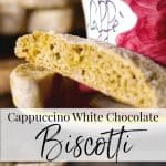 Cappuccino White Chocolate Biscotti combines the favorite Italian, crunchy cookie and cappuccino all in one. Perfect for snacking or holiday gift giving. 