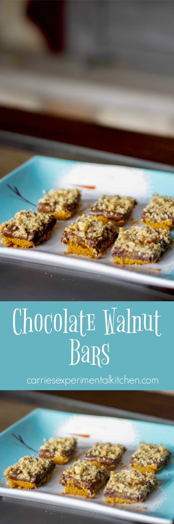 Chocolate Walnut Bars made with semi-sweet chocolate, sweetened condensed milk, butter, and walnuts on a graham cracker crust. #dessert #chocolate #baking #holidays #cookies