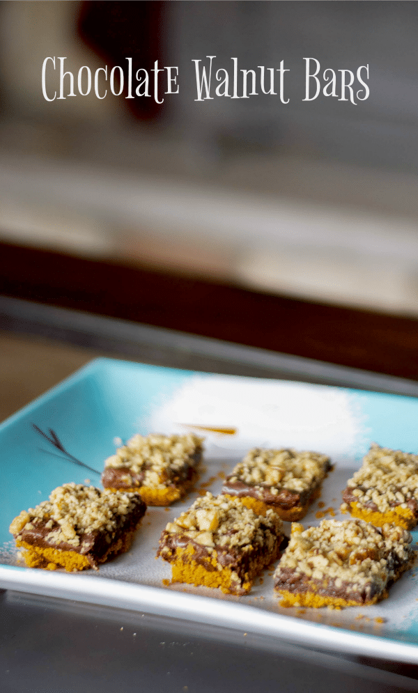 A plate of food on a table, with Chocolate and Walnut