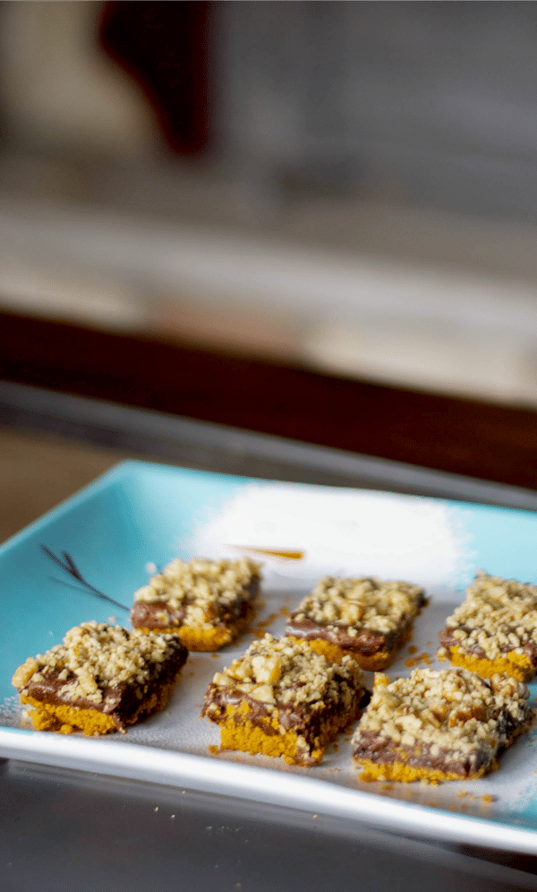 A tray of food on a plate, with Chocolate and Walnut