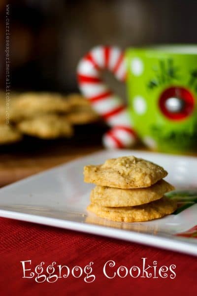 Eggnog cookies on a Christmas plate.