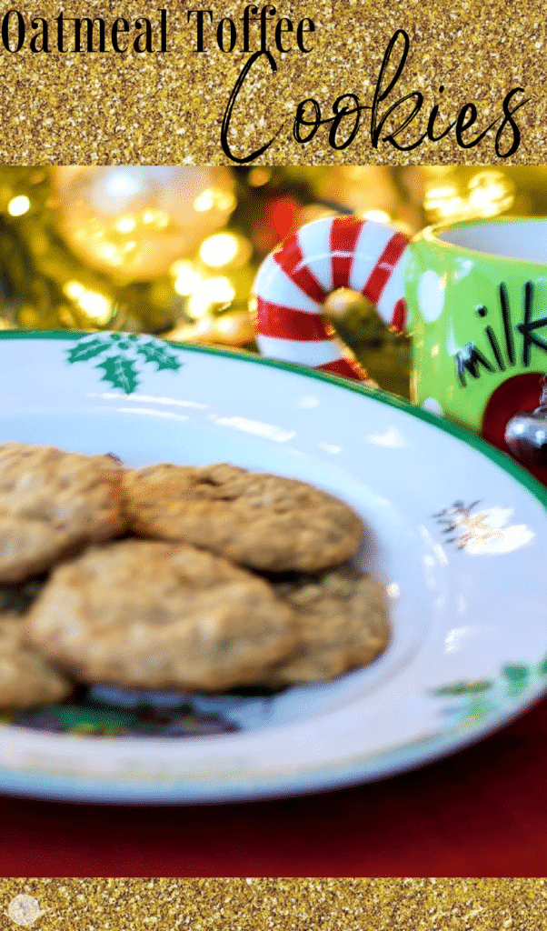 Oatmeal Toffee Cookies are a twist on the classic oatmeal cookie made with toffee bits and chopped walnuts.