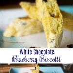 A collage photo of white chocolate blueberry biscotti.