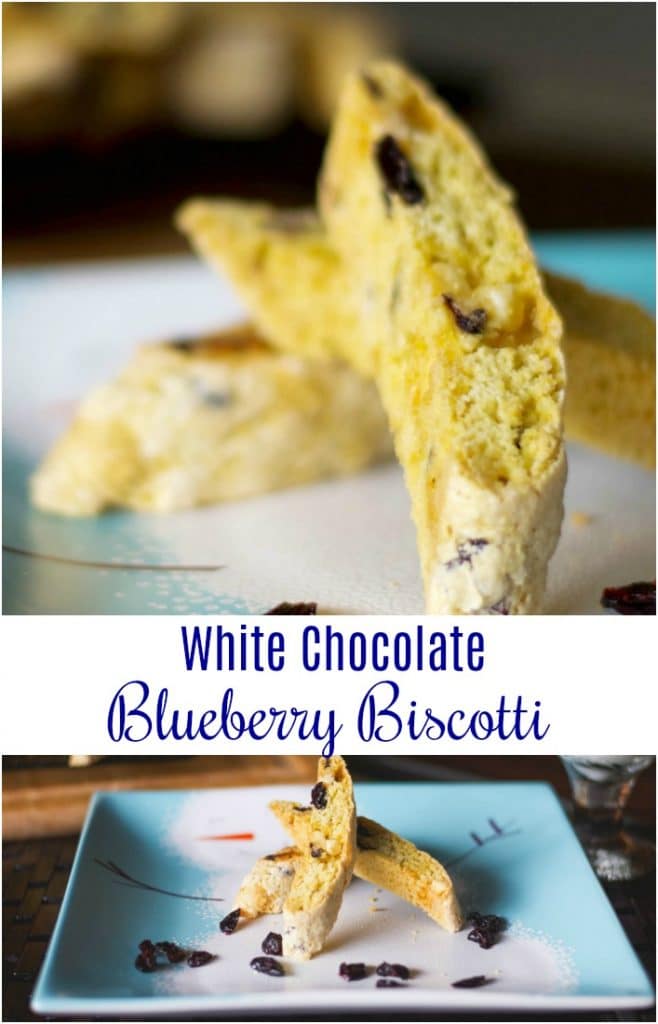 A collage photo of white chocolate blueberry biscotti.