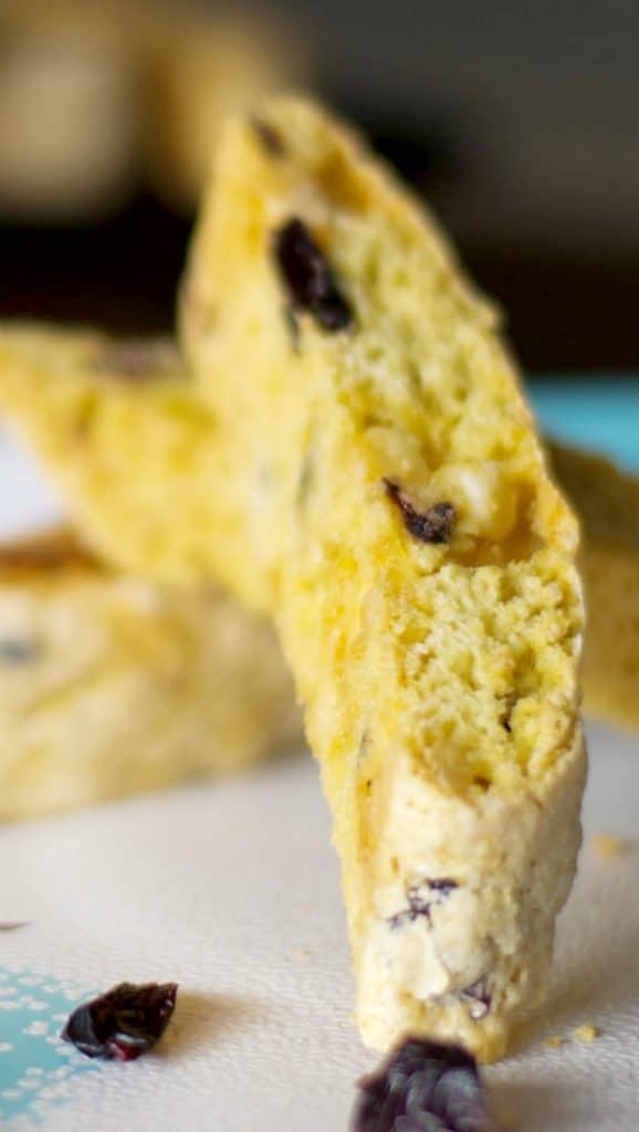 A close up of white chocolate blueberry biscotti.