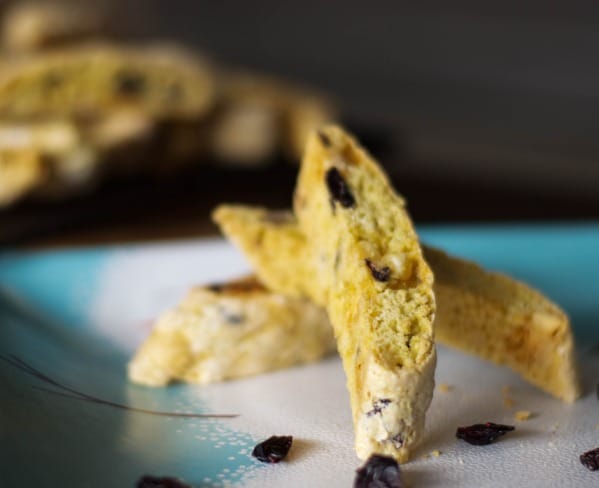 White Chocolate Blueberry Biscotti on a plate. 