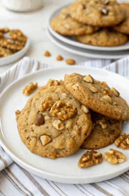 a plate of oatmeal toffee walnut cookies
