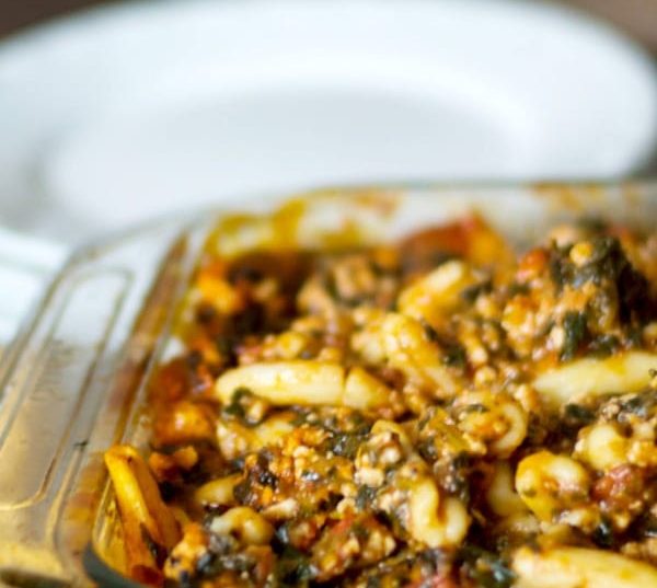 A close up of a plate of food, with Baked Cavatelli