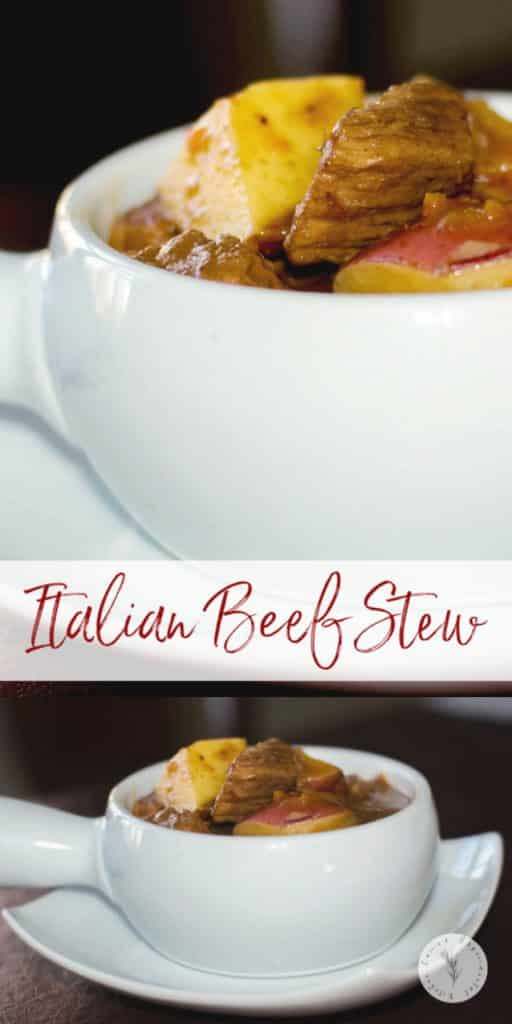 Hearty Italian Beef Stew made with slowly simmered beef, vegetables, potatoes and red wine 