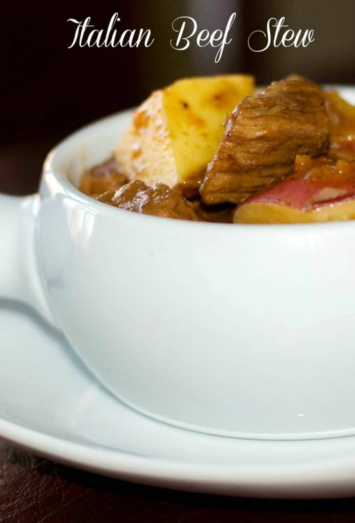 Hearty Italian Beef Stew made with slowly simmered beef, vegetables, potatoes and red wine.