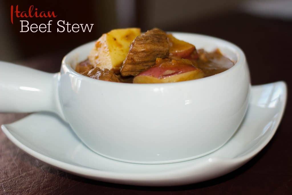 stew in a white bowl