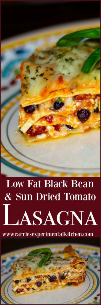 Low Fat Black Bean and Sun Dried Tomato Lasagna made with low fat cottage and mozzarella cheeses. 