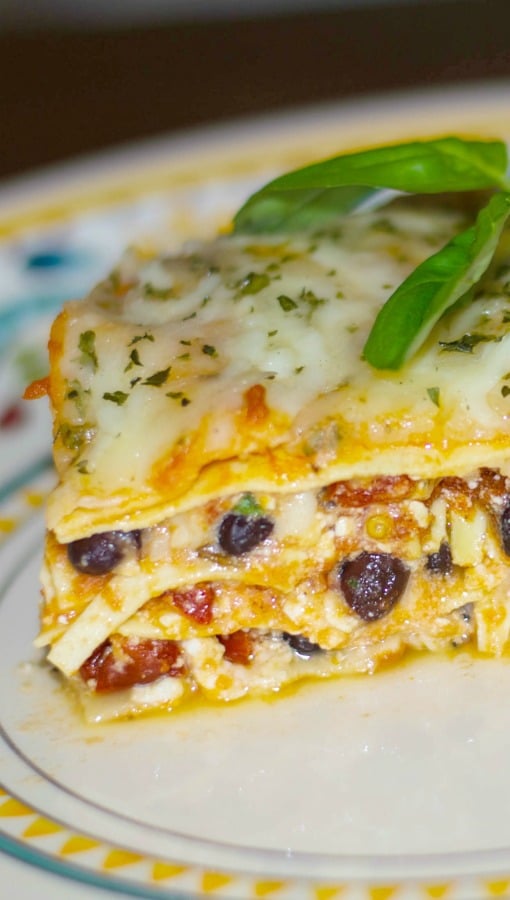 A close up of Black Bean and Sun Dried Tomato Lasagna