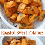 Fresh sweet potatoes tossed with sage and extra virgin olive oil; then roasted until sweet and golden brown makes a tasty side dish.