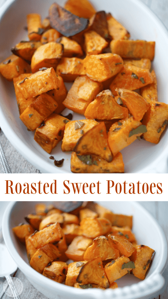 Fresh sweet potatoes tossed with sage and extra virgin olive oil; then roasted until sweet and golden brown makes a tasty side dish.