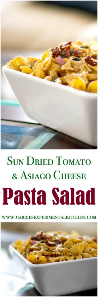 Sun Dried Tomato and Asiago Cheese Pasta Salad made with bow tie pasta, oil packed sun dried tomatoes, freshly shredded Asiago PDO cheese and basil in a balsamic vinaigrette. 