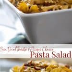 Sun Dried Tomato & Asiago Cheese Pasta Salad made with bow tie pasta, oil packed sun dried tomatoes, freshly shredded Asiago PDO cheese.