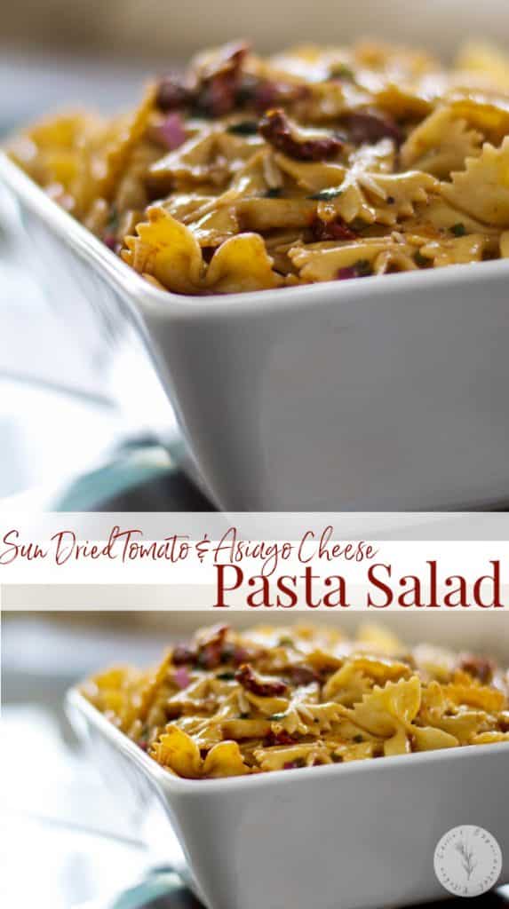 Sun Dried Tomato & Asiago Cheese Pasta Salad made with bow tie pasta, oil packed sun dried tomatoes, freshly shredded Asiago PDO cheese.