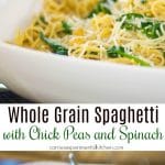 Whole Grain Spaghetti with Sauteéd Chick Peas and Spinach tossed with extra virgin olive oil and garlic; then topped with shredded Asiago cheese.